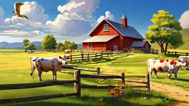 A sunny day at a charming idyllic farm with fluffy clouds, green fields, and grazing cows, creating a picturesque rural atmosphere in the countryside