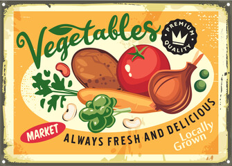 Vegetables retro market sign with farm fresh products. Onion and tomato, potato and carrot vintage vector poster. Spring season.