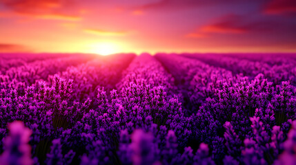 Obraz premium A soft-focus image of a lavender field at dusk, symbolizing stress relief, serene tones, cinematic mood