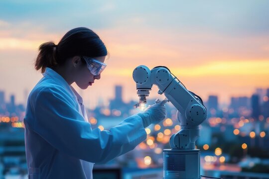 A female scientist uses a robotic arm in a lab, working against a city sunset backdrop.