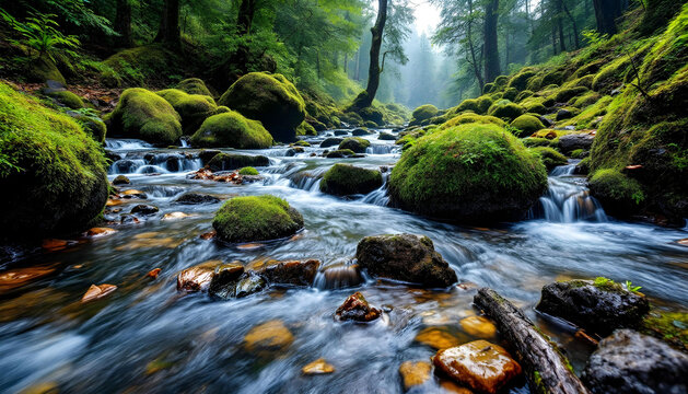 Mountain stream after rain at Kleine Ohe at Waldhauser in the Bavarian Forest National Park in Bavaria, Germany