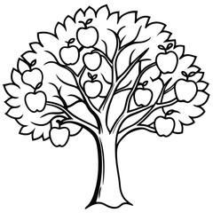 A black and white illustration of a tree with apples, suitable for coloring or design.
