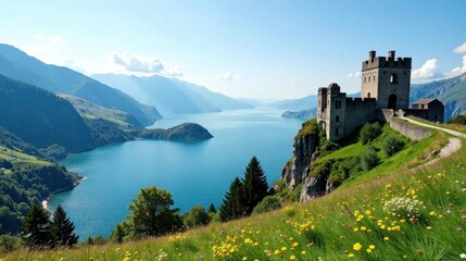 Fototapeta premium Ancient Stone Fortress Perched on a Cliff Overlooking a Serene Blue Lake and Majestic Mountains
