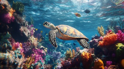Obraz premium Majestic Sea Turtle Exploring Vibrant Coral Reef