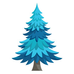 A stylized blue evergreen tree with layered foliage on a white background.