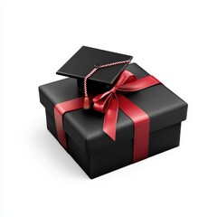 graduation-themed gift box with a tiny graduation cap and diploma ribbon, isolated on white