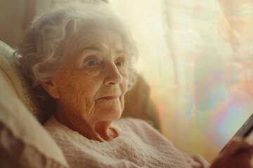 Elderly woman with a thoughtful expression, relaxing at home, enjoying her leisure time.
