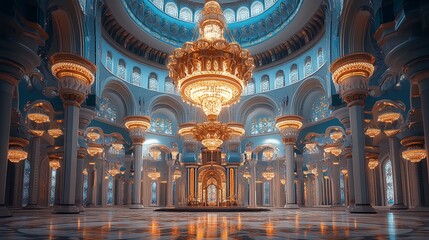 Obraz premium The interior of an ornate building with columns and chandeliers.