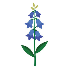 A stylized illustration of a blue flower with green leaves against a white background.