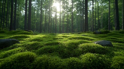 Fototapeta premium Lush green moss covering the forest floor with sunlight filtering through tall trees, creating a serene atmosphere