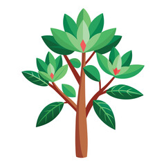 A stylized illustration of green plants with vibrant leaves and a red bud.