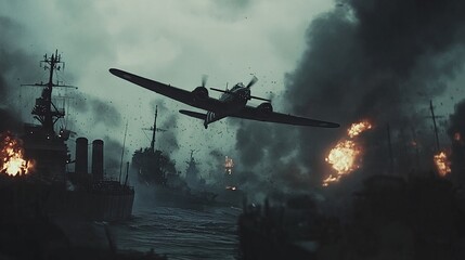 a ww2 era bomber plane flies over a burning fleet of ships.