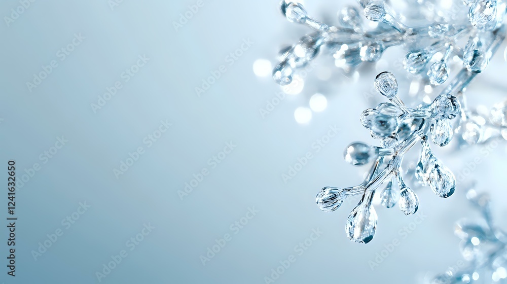 Poster delicate crystal snowflake macro shot with soft blue winter background showing intricate frozen deta