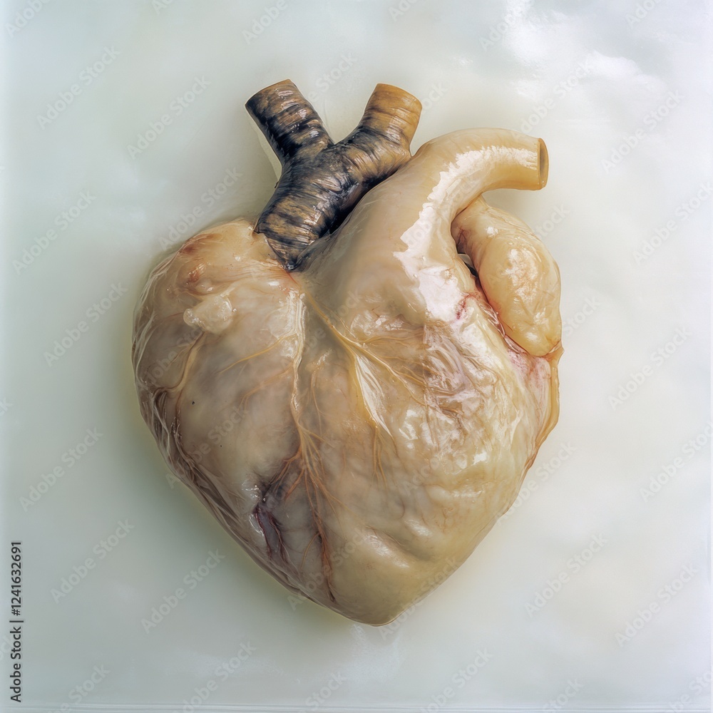 Poster heart specimen displayed on a light surface, showcasing anatomical features and unique textures at a