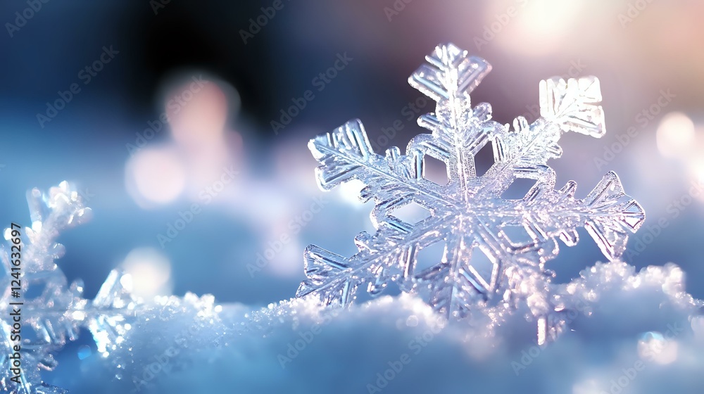 Poster natural snowflake crystal macro photography on blurred winter background shows delicate ice formatio