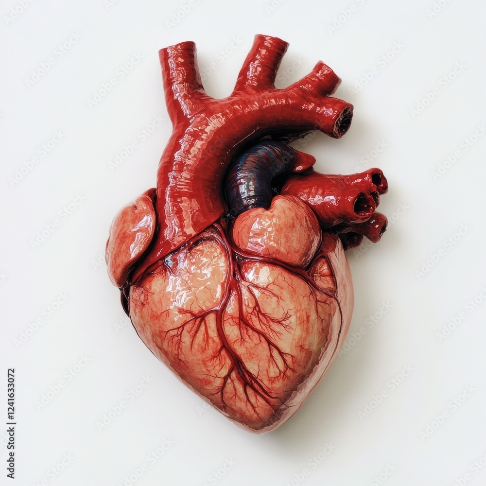 Poster detailed anatomical model of a human heart displayed on a white background showcasing realistic feat