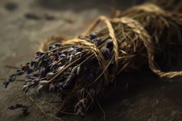 Dry lavender bundle tied with twine resting on a rustic wooden surface during natural light