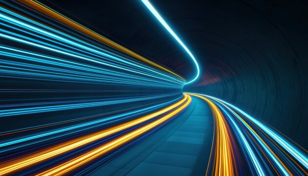 A futuristic neon-lit tunnel glowing with dynamic gradient light trails, forming a sleek high-energy pathway into an infinite void