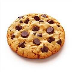 Freshly baked chocolate chip cookie with a crispy golden texture, isolated on a bright white background