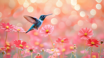   A Hummingbird Flies Over Pink Flowers with Daisies in Foreground
