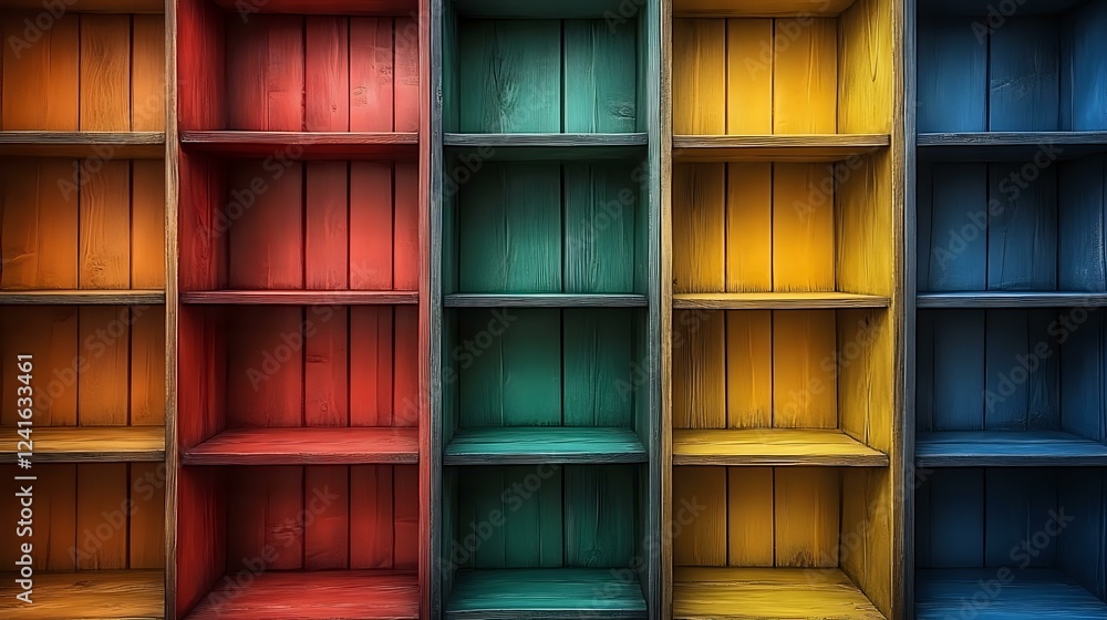 Poster empty colorful wooden shelves in rainbow order from orange to blue creating geometric pattern with d