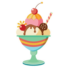 A colorful ice cream sundae topped with cherries, chocolate, and a decorative straw.