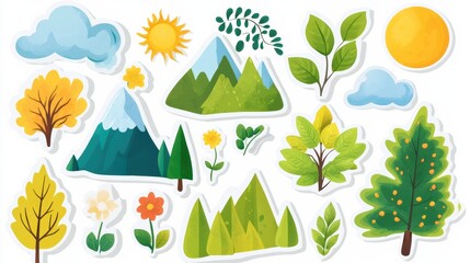 Colorful collection of nature themed stickers featuring mountains, trees, and flowers in a vibrant landscape design. Generative AI