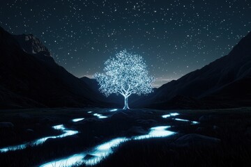 Naklejka premium A glowing crystalline tree standing in a serene meadow, surrounded by cascading rivers of bioluminescent light under a starry sky
