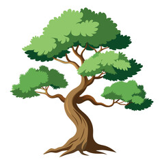 A stylized illustration of green trees with various leaf shapes and a brown trunk.