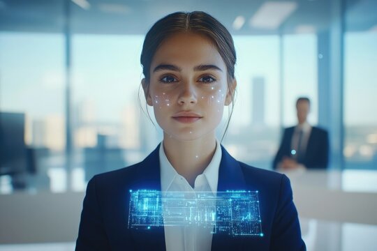 A businesswoman with futuristic facial recognition technology and data visualization displayed on her.