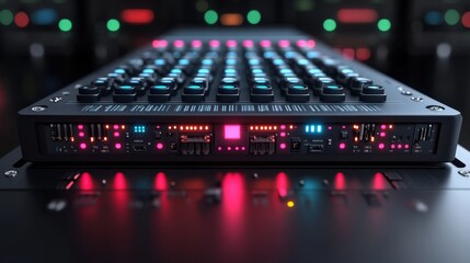 Close-up view of a digital audio mixer with illuminated buttons and indicators in a studio setting