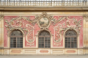 Obraz premium Minimalist Composition Showcasing Ornate Rococo Painting With Floral Designs in Soft Pink and Cream Tones Surrounded by a Gold Frame