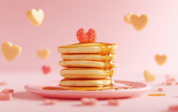 Floating stack of heart-shaped pancakes with honey drizzles and fruit bursts on a cozy pastel-themed background for Saint Valentines Day and 8 March International Womens Day