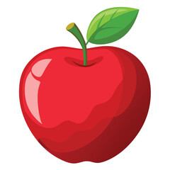A close-up illustration of a shiny red apple with a green leaf and a brown stem.