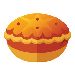 A stylized illustration of a golden pastry with decorative elements.