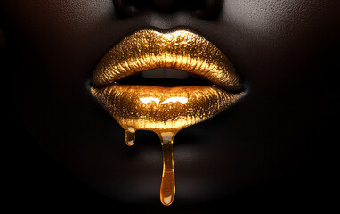 Mouth Icon. Gold lips. Gold paint from the mouth. Golden lips on woman mouth with make-up. Sensual and creative design for golden metallic.