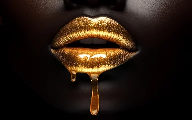 Wanddecoratie Zwart goud Mouth Icon. Gold lips. Gold paint from the mouth. Golden lips on woman mouth with make-up. Sensual and creative design for golden metallic.  © Hasanka