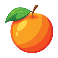 A stylized orange fruit with a green leaf and brown stem.