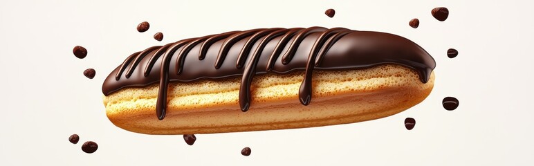 flying Ã?clair with chocolate drizzle, isolated on white