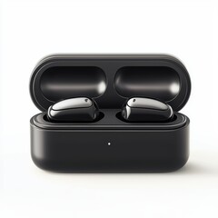 Pair of wireless earbuds in a sleek charging case, isolated on a bright white background