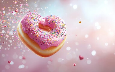 Flying heart-shaped doughnut with pink icing and colorful sprinkles with a burst of sugar sparkles on a romantic background for Saint Valentines Day and 8 March International Womens Day