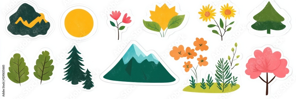 Poster Various colorful stickers representing nature elements and plants arranged creatively on a flat surface. Generative AI