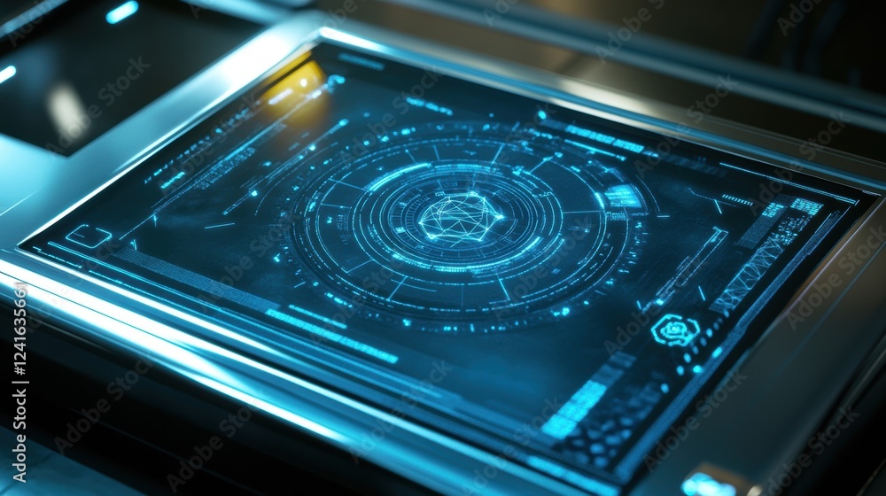 Poster a closeup of precision weighing scales with an overlay of blockchainbased encryption icons on the di