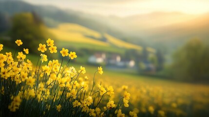 Obraz premium A field brimming with sunflowers, a home in the distance, and a backdrop hill