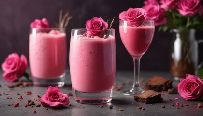 Fruity pink drink with chocolate crust and rose garnish in a glass, rose garnish, chocolate crust