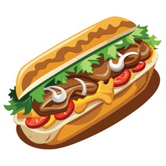 A colorful illustration of a hot dog with toppings and fresh vegetables.