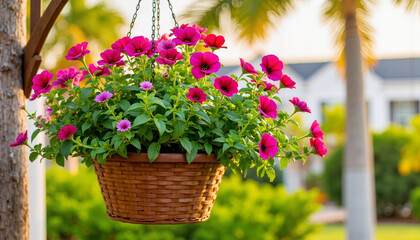 Vibrant hanging flower basket with colorful blooms, outdoor beauty