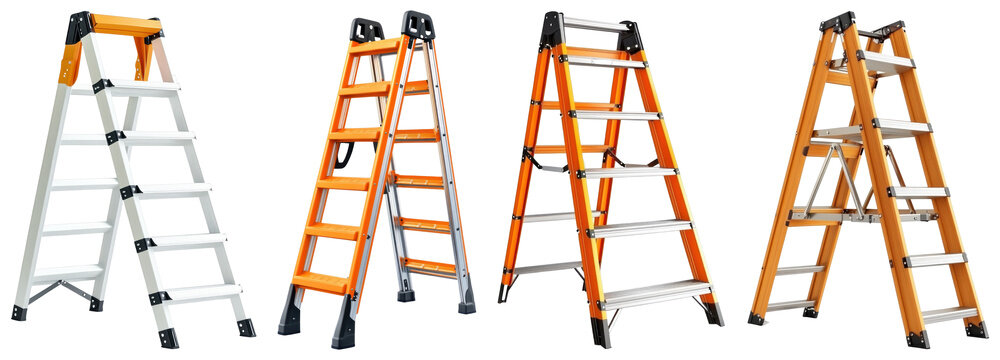 A 3D folding aluminum ladder with a sleek silver finish, displayed partially open on a transparent background.
