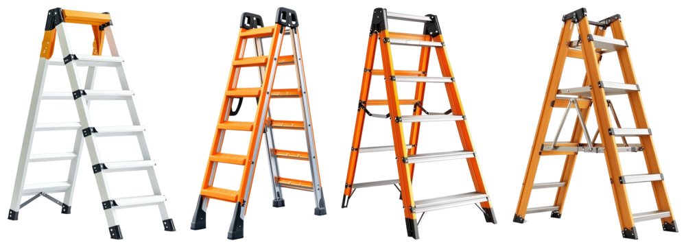 A 3D folding aluminum ladder with a sleek silver finish, displayed partially open on a transparent background. - Powered by Adobe