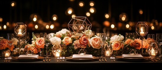 Elegant table setting adorned with vibrant flowers and soft candlelight, creating a romantic atmosphere